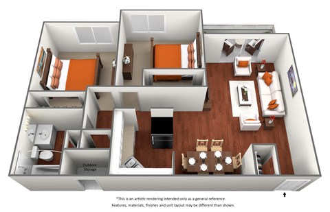 Floor plan for 2 beds, 1 bath, 850 sqft